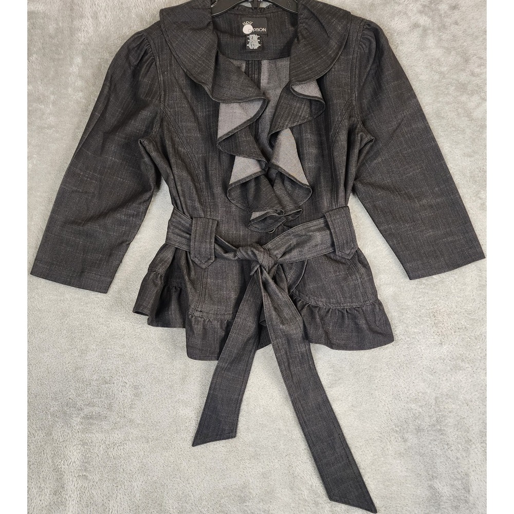 First Option Jacket Womens Small Dark Gray Ruffle Peplum Belted 3/4 Sleeve